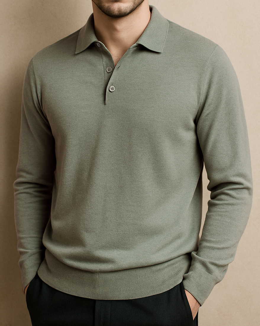 EZS Merino Wool Pale Olive Long Sleeve Polo