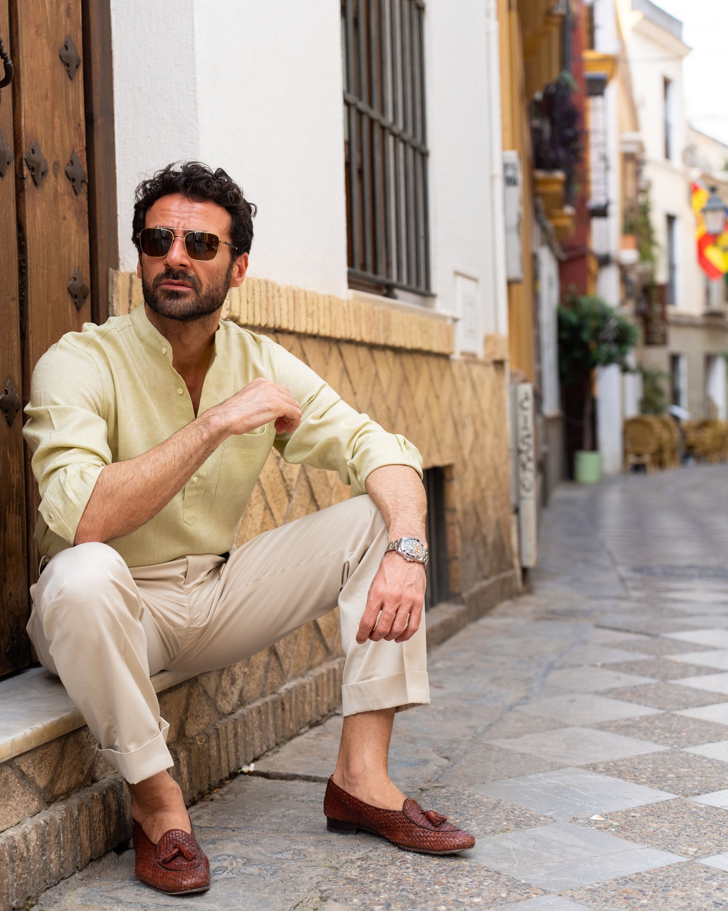 Light Olive Green Slub Linen Summer Shirt