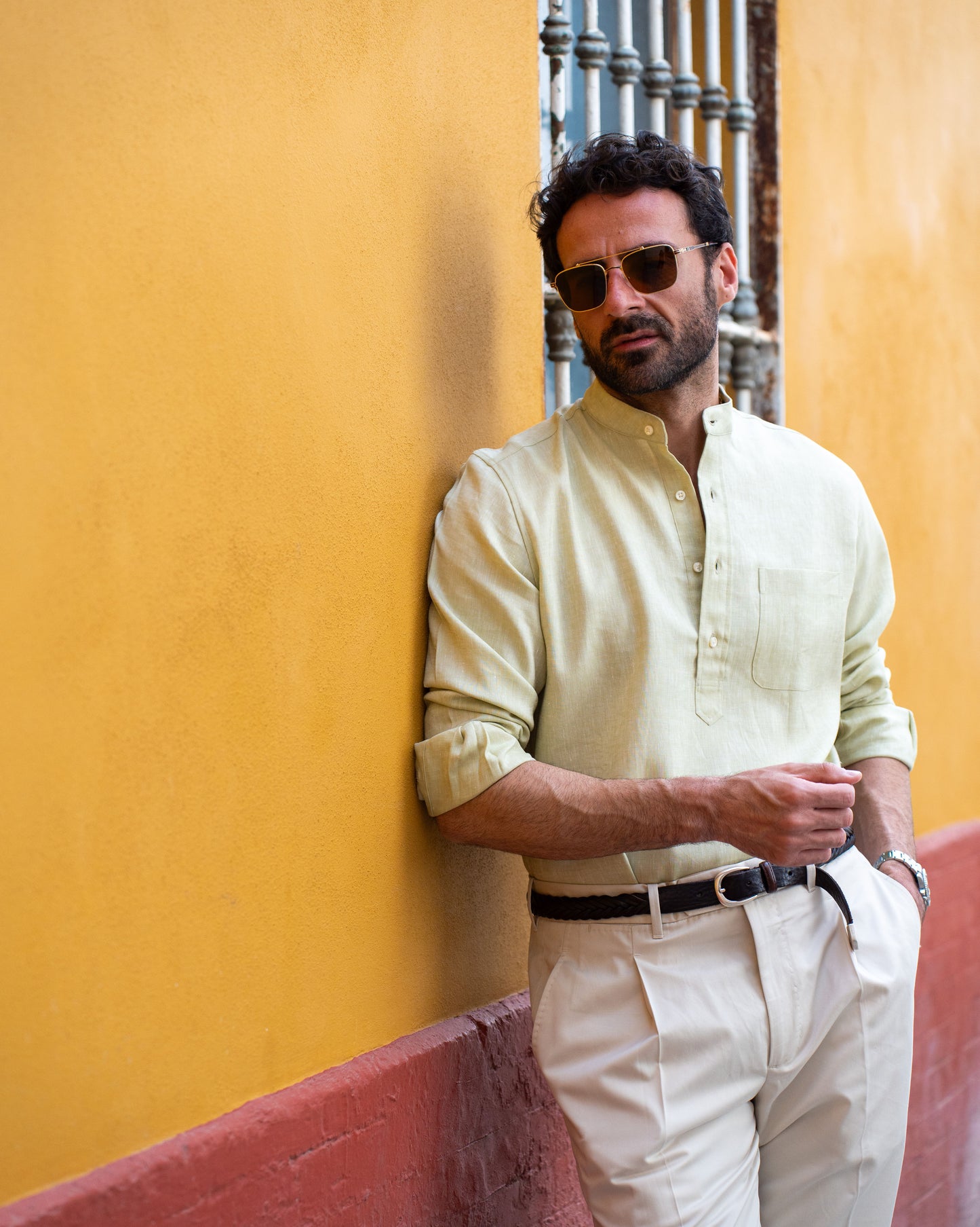 Light Olive Green Slub Linen Summer Shirt