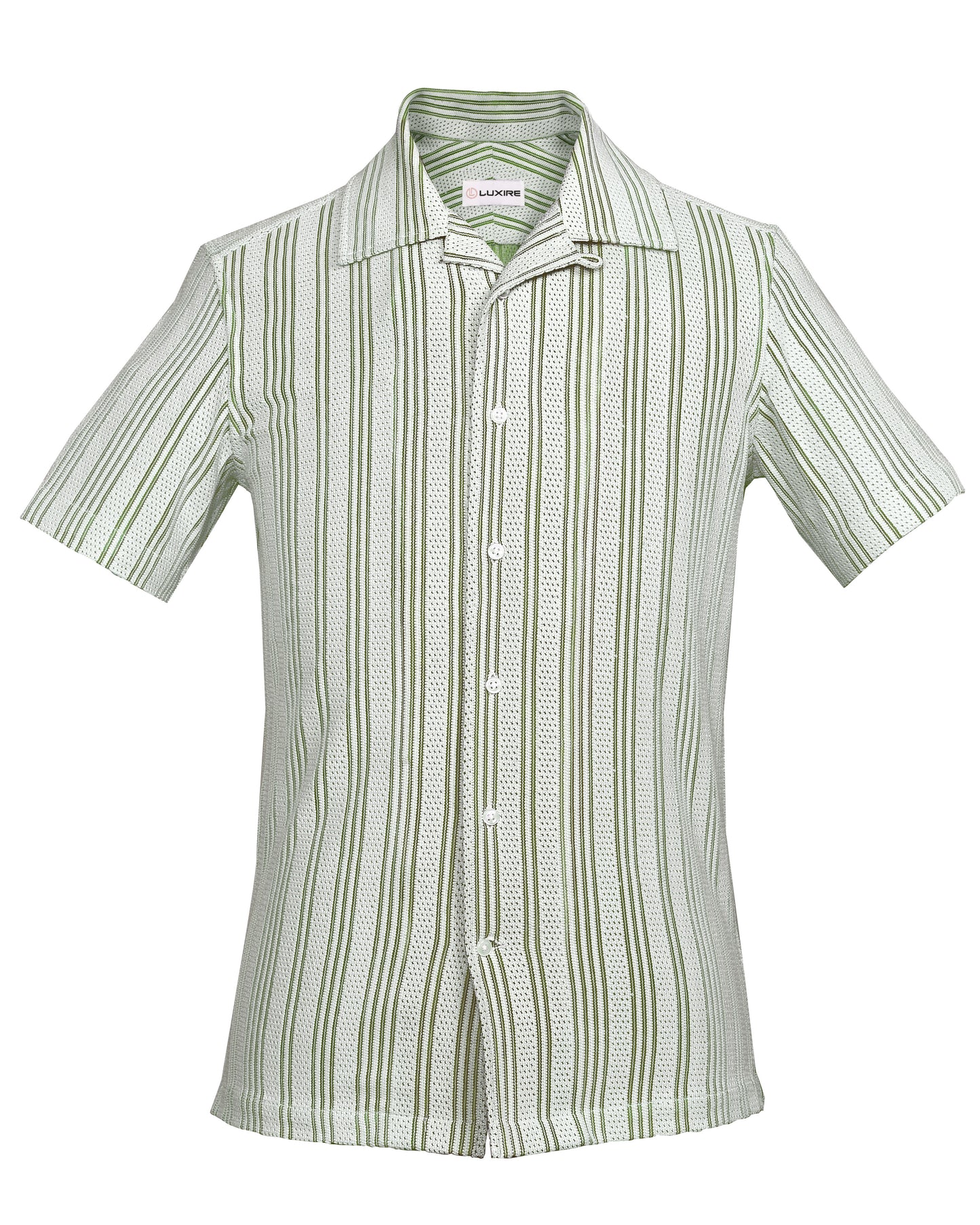 Summer Camp Collar Casual Shirt in White and Green Stripes