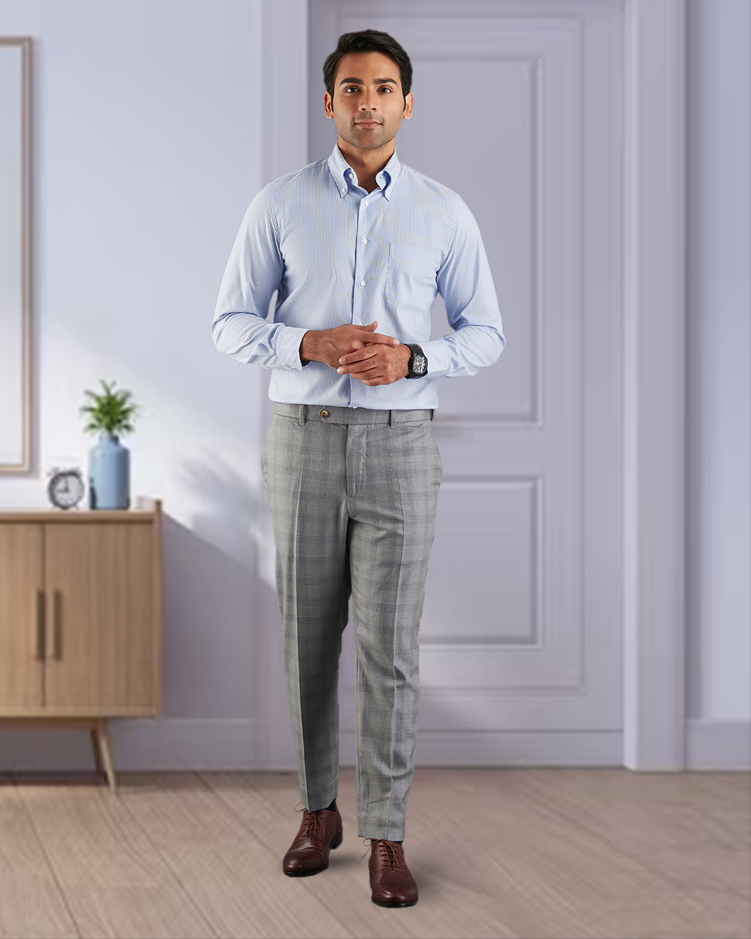 Drago: Super 160s Light Grey Prince of Wales Checks Dress Pant