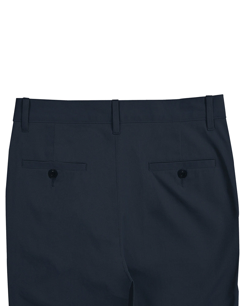 Back view of custom Genoa Chino pants for men by Luxire in dark teal blue