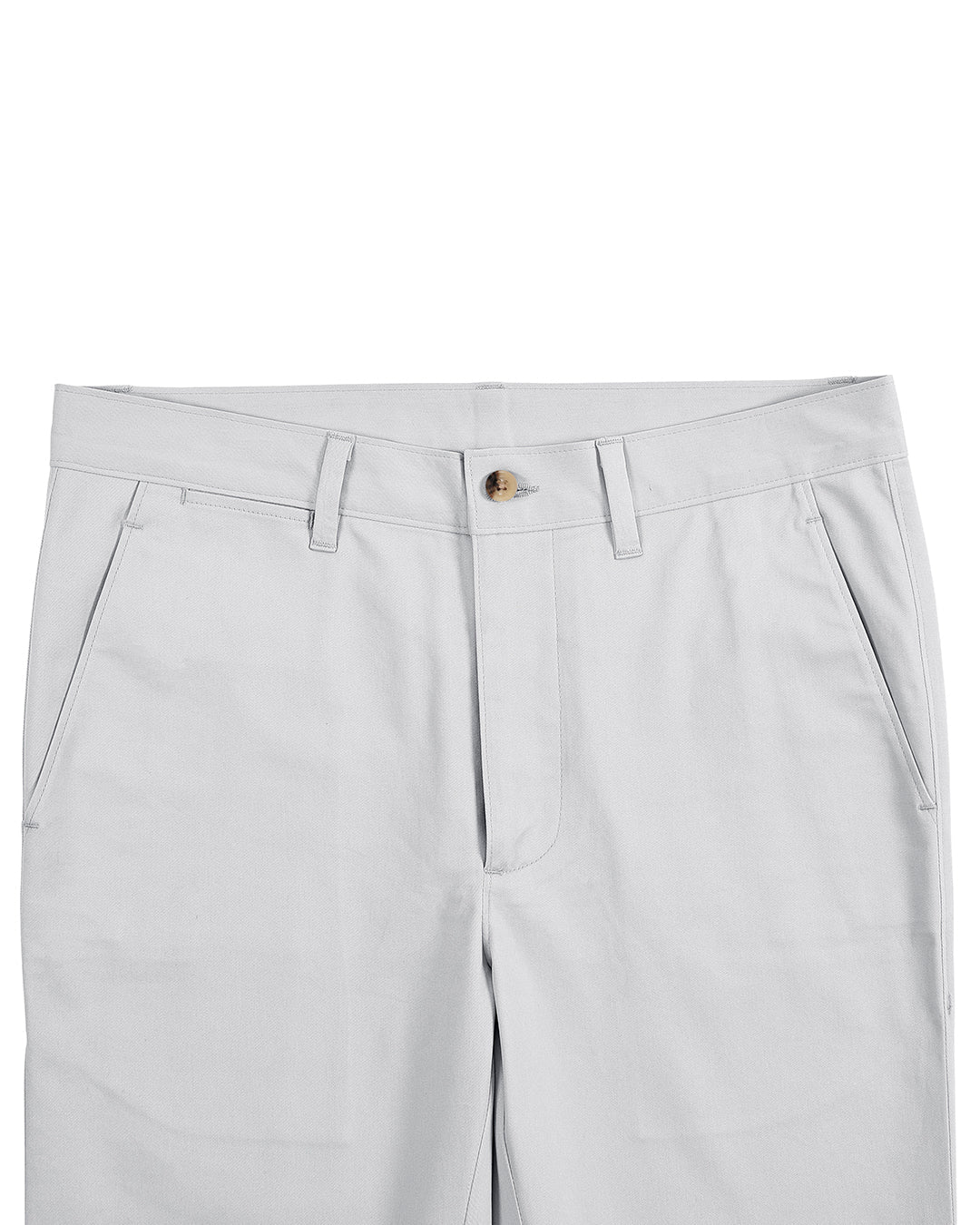 Front view of custom Genoa Chino pants for men by Luxire in light grey