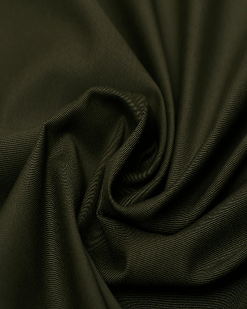 Closeup view of custom Genoa Chino pants for men by Luxire in olive green