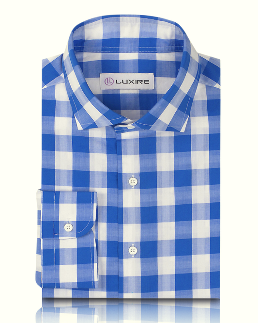 Front view of custom check shirts for men by Luxire in blue white macro