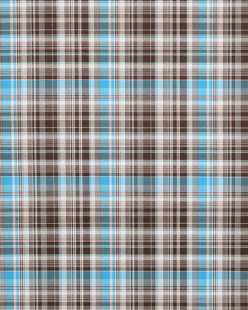 Closeup view of custom check shirts for men by Luxire choco brown and blue