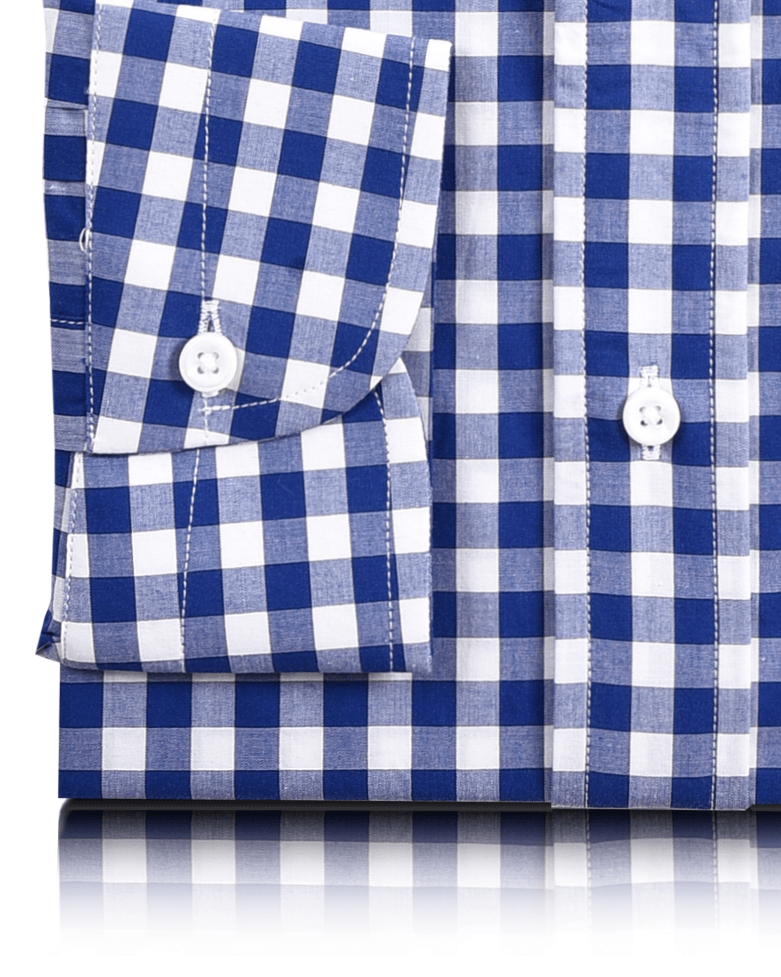 Close up view of custom check shirts for men by Luxire blue gingham checks on white