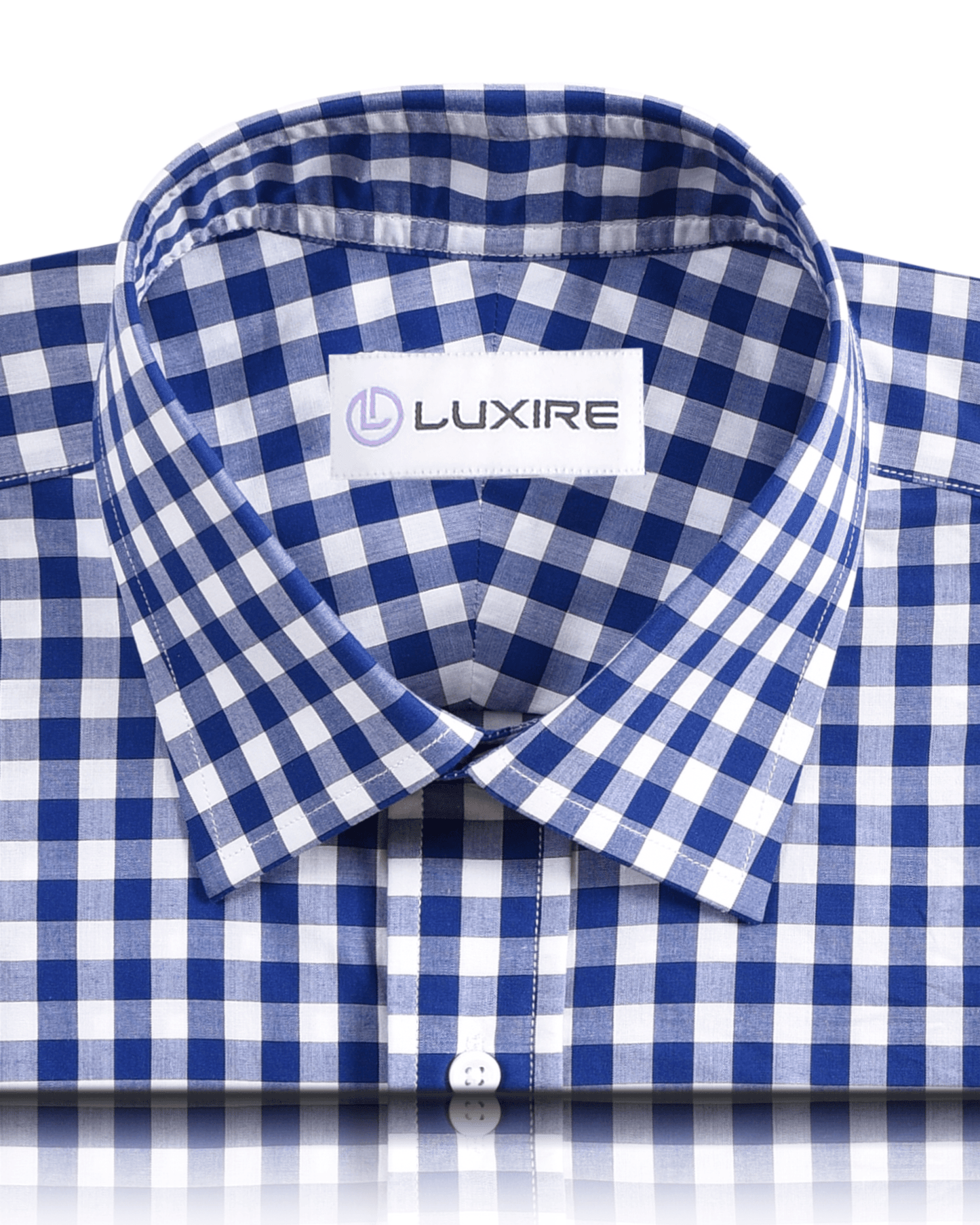Front close view of custom check shirts for men by Luxire blue gingham checks on white