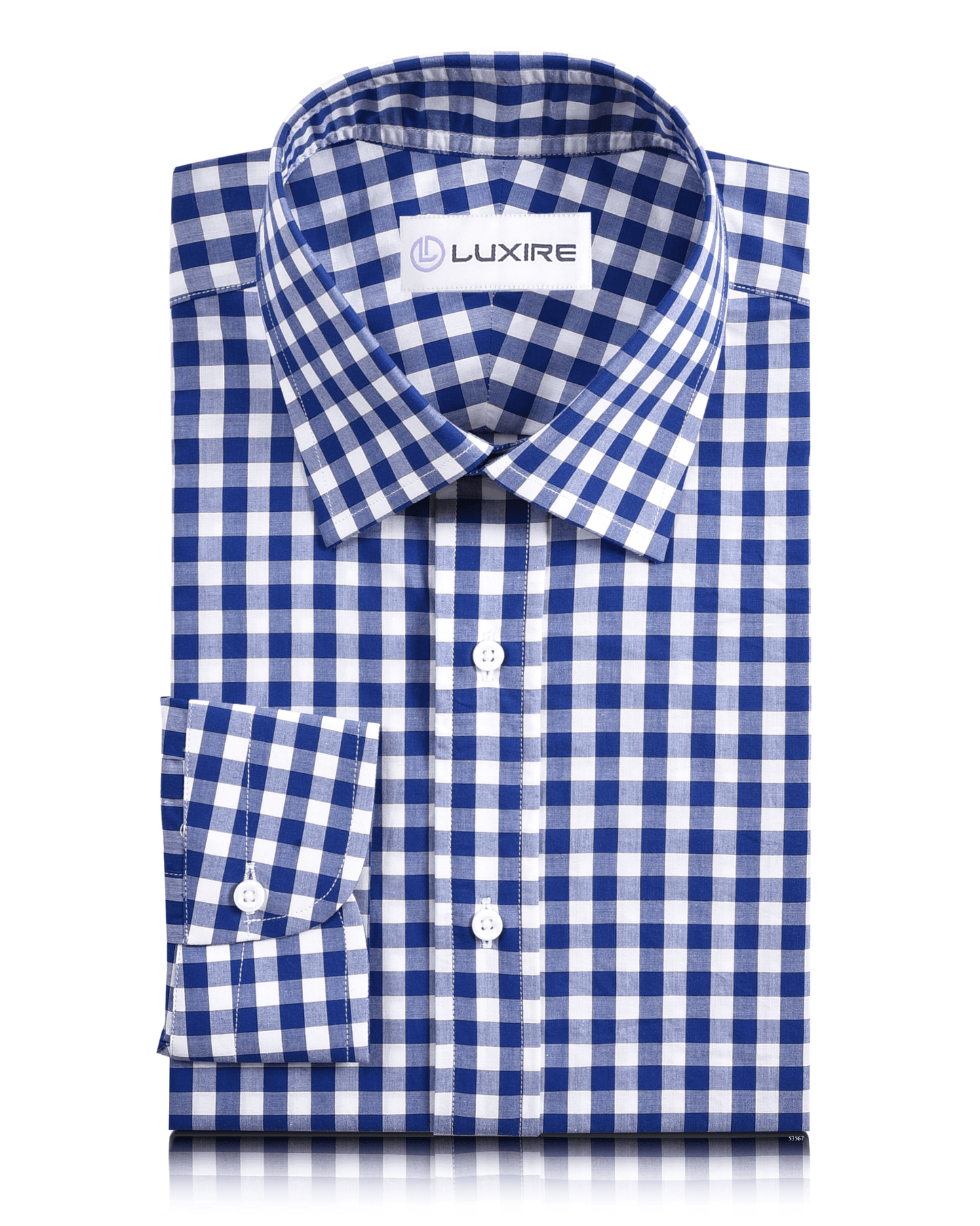 Front view of custom check shirts for men by Luxire blue gingham checks on white