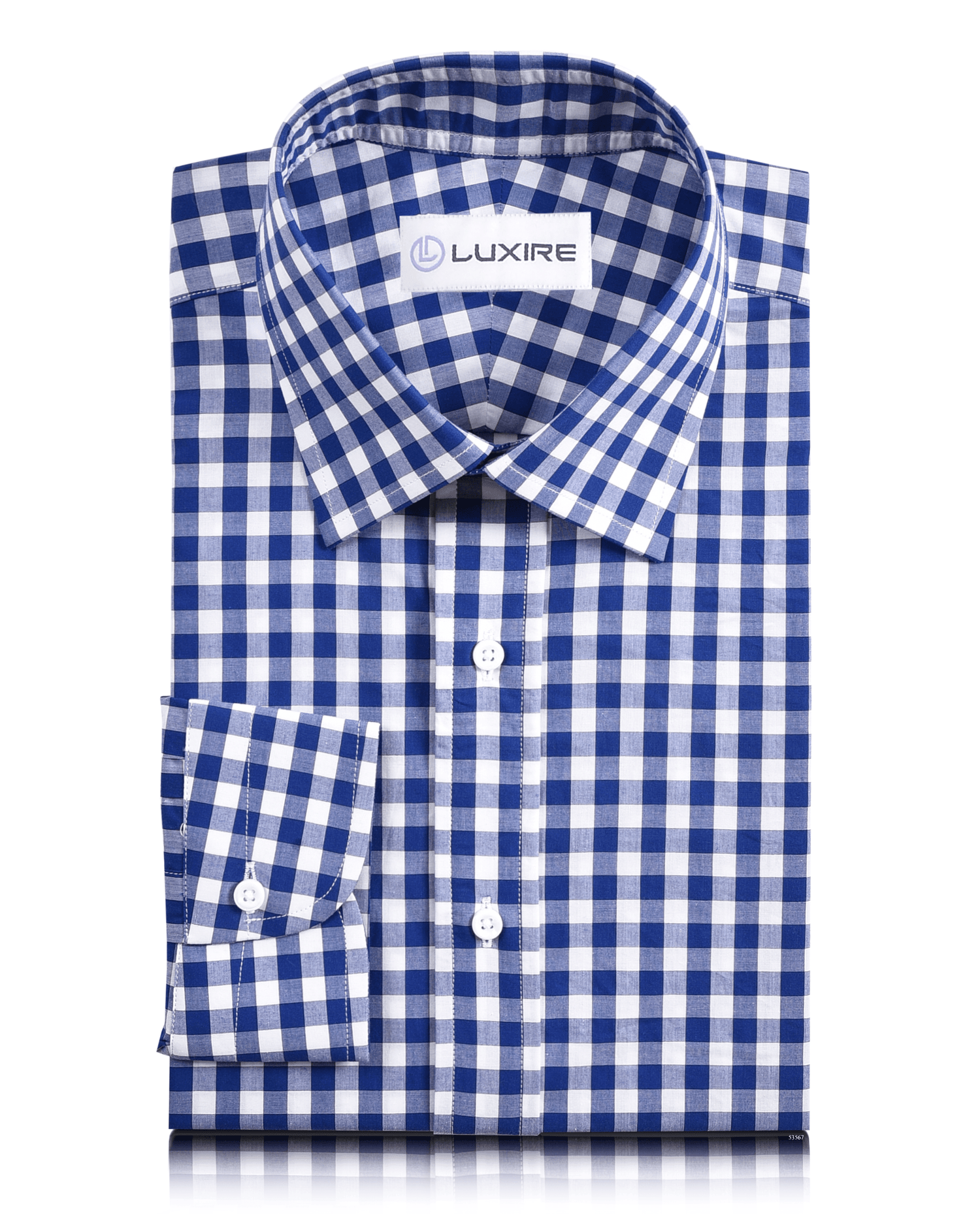Front view of custom check shirts for men by Luxire blue gingham checks on white