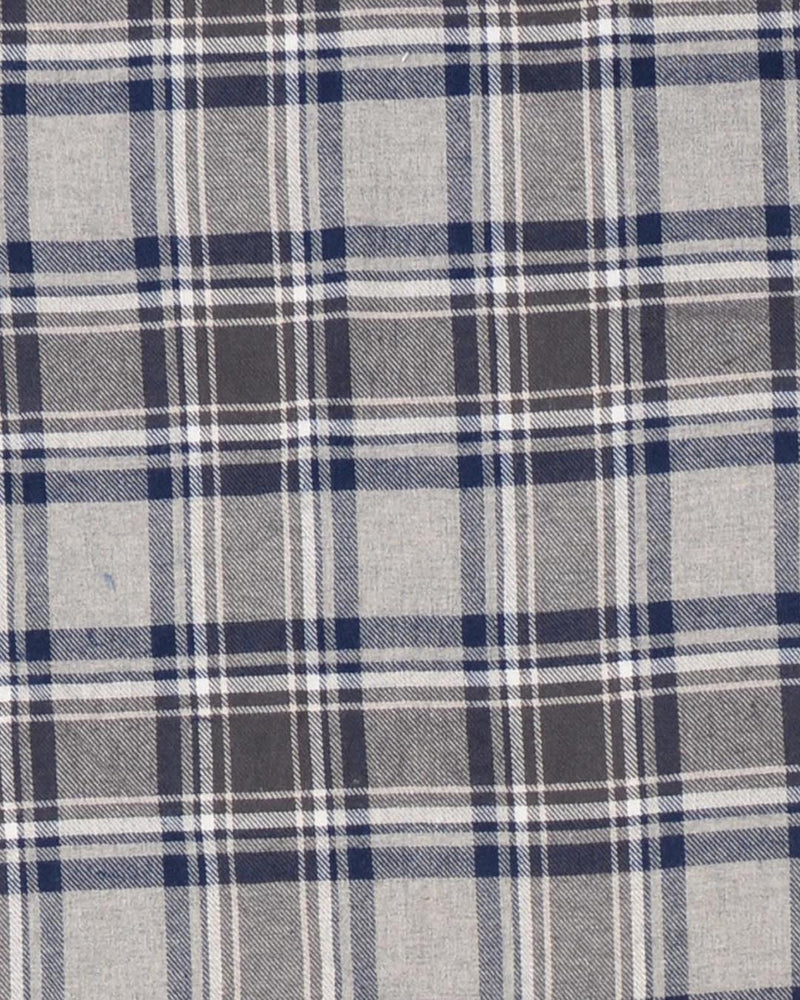 Closeup view of custom check shirts for men by Luxire dark gull grey and navy