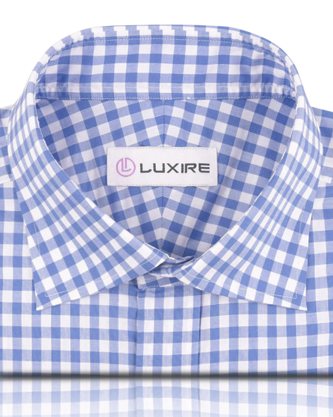 Front close view of custom check shirts for men by Luxire light blue checks on white