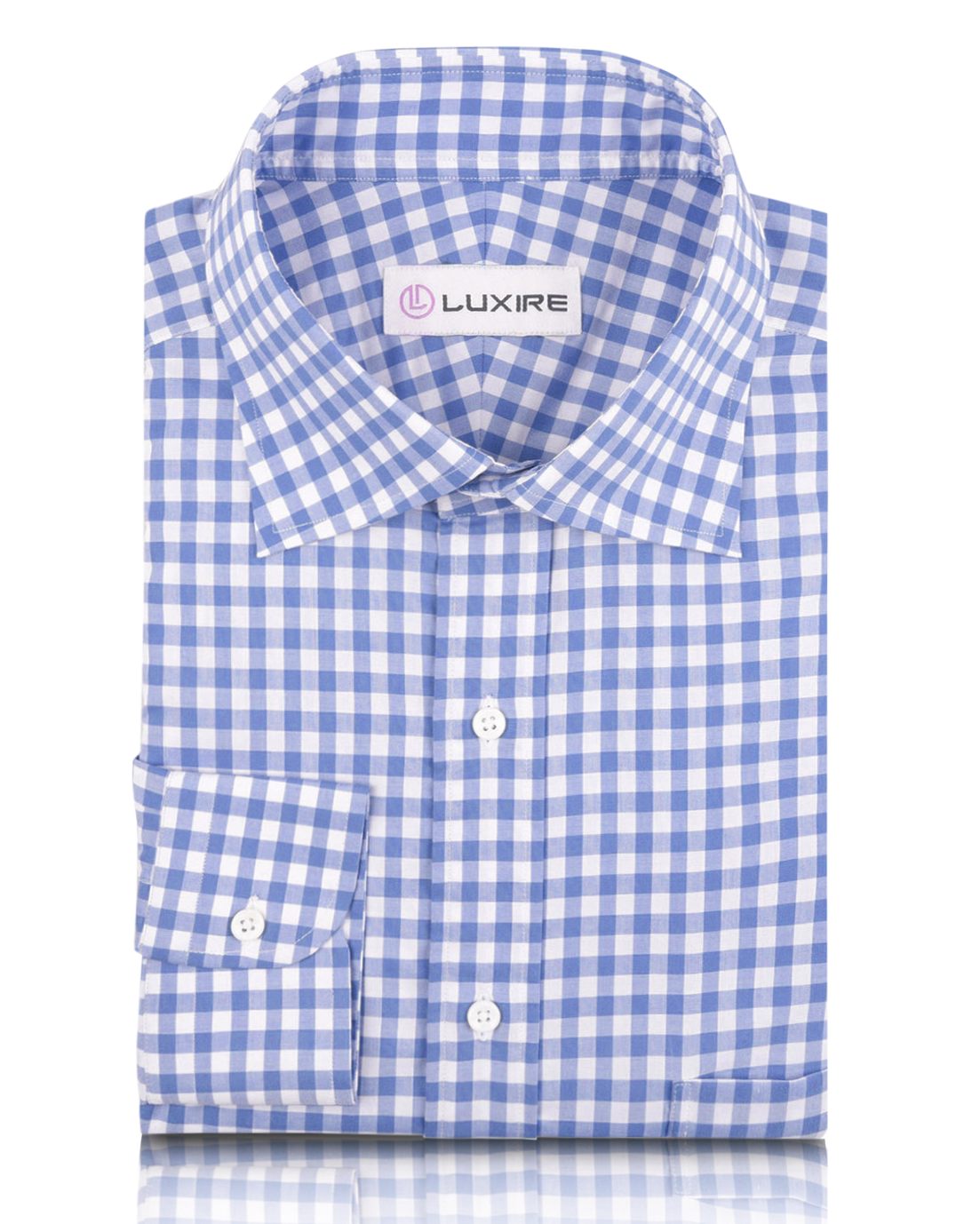 Front view of custom check shirts for men by Luxire light blue checks on white