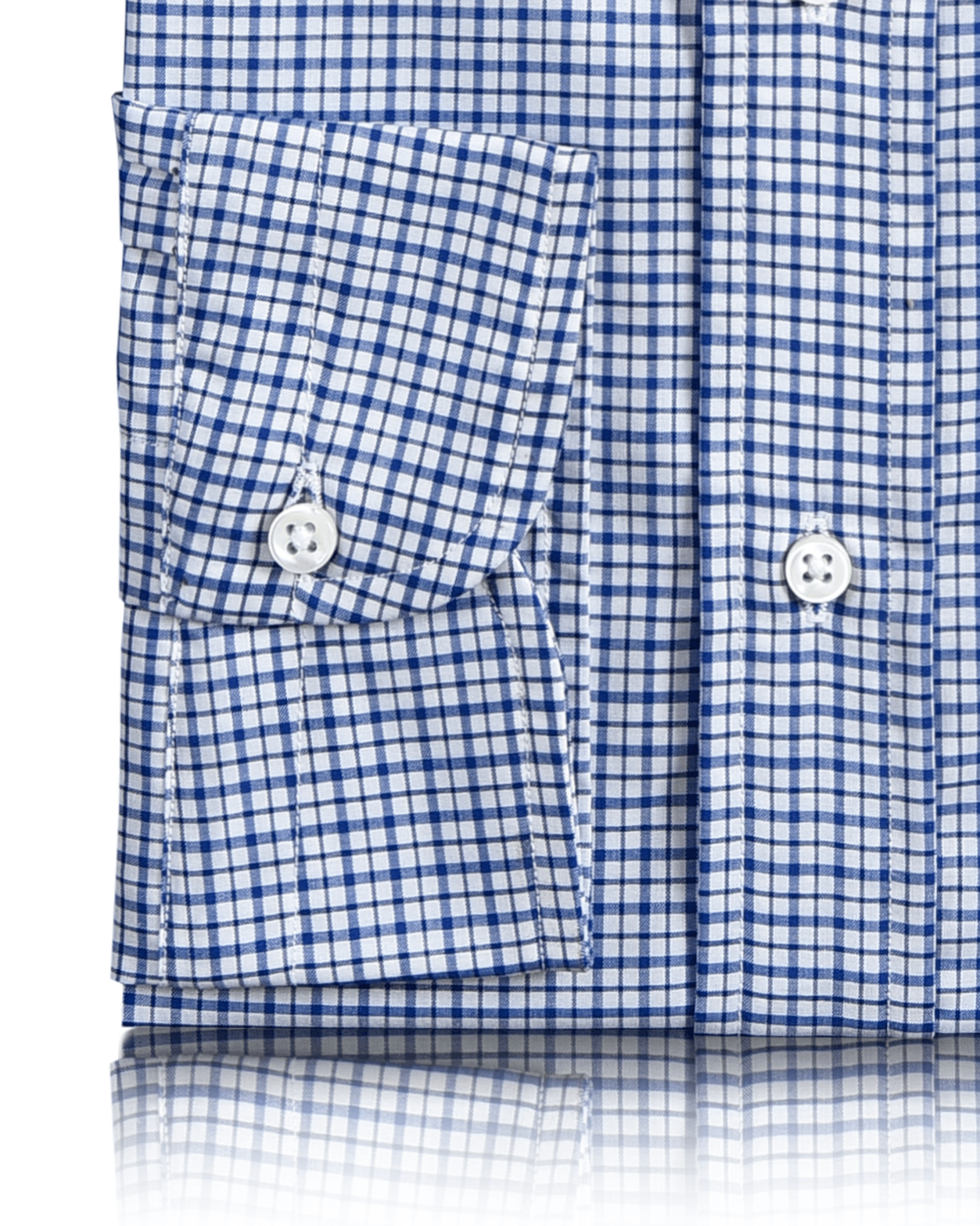 Close up view of custom check shirts for men by Luxire navy checks on white