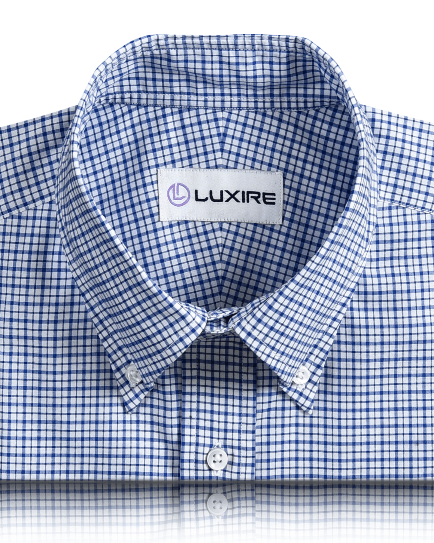 Front close view of custom check shirts for men by Luxire navy checks on white