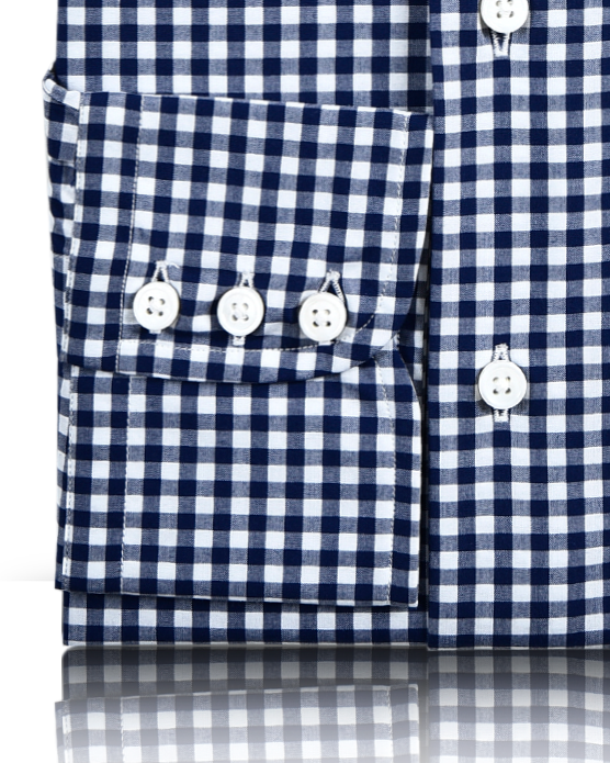 Front close view of custom check shirts for men by Luxire in navy gingham