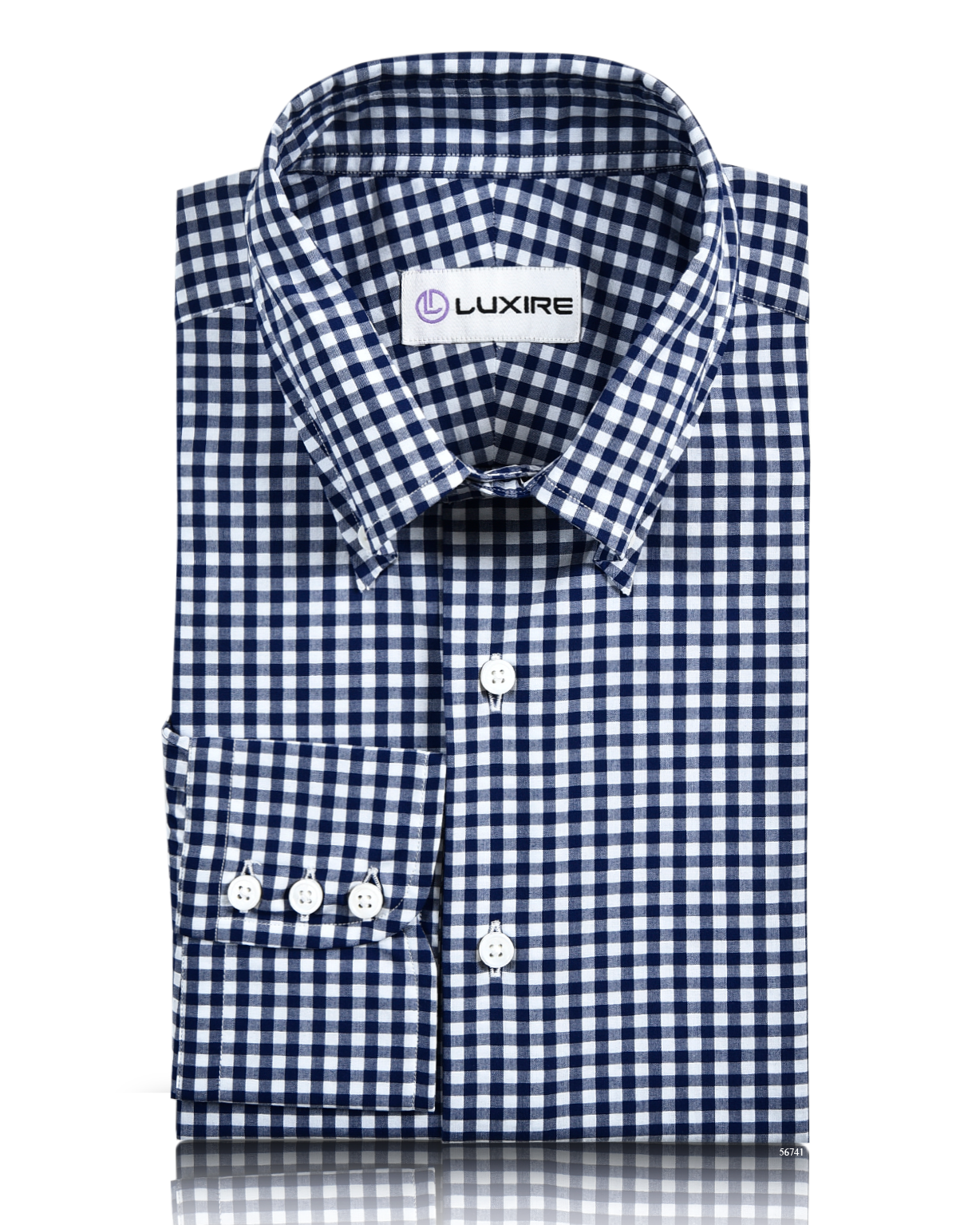 Close up view of custom check shirts for men by Luxire in navy sky tattersall