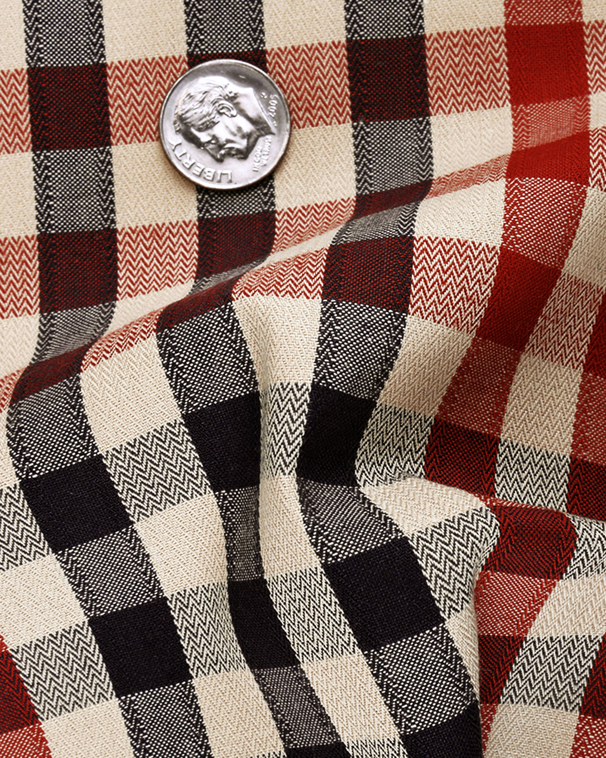 Closeup view of custom check shirts for men by Luxire red and black