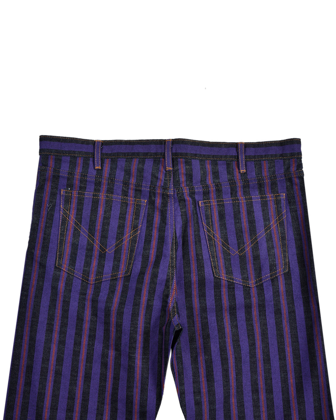 Back view of custom denim jeans for men by Luxire with purple stripes
