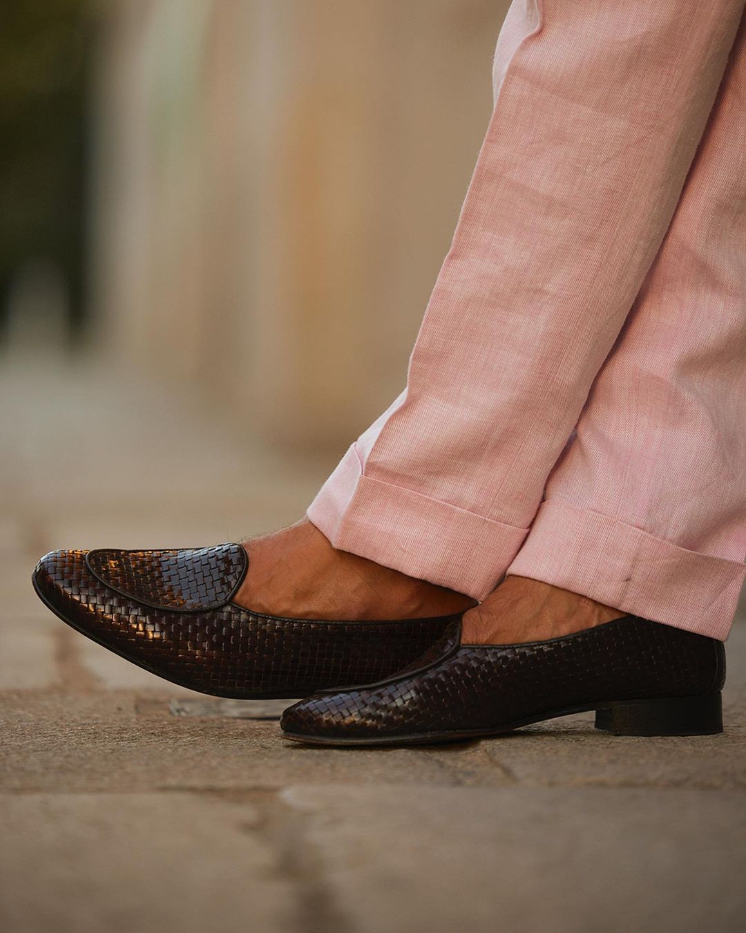 Bottom pant view of custom linen Gurkha pants for men by Luxire in pink twill