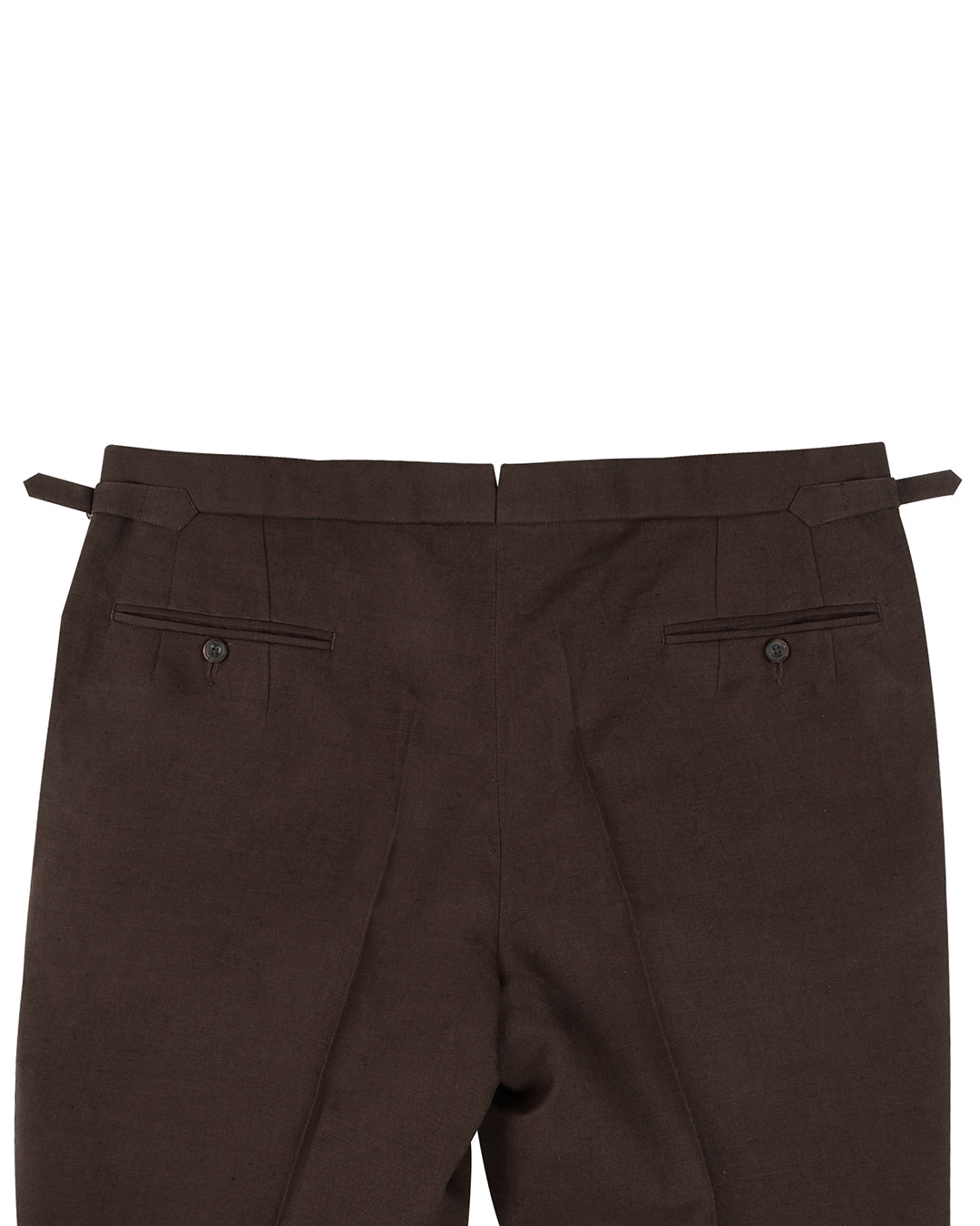 Back view of custom linen chino pants for men by Luxire in brown
