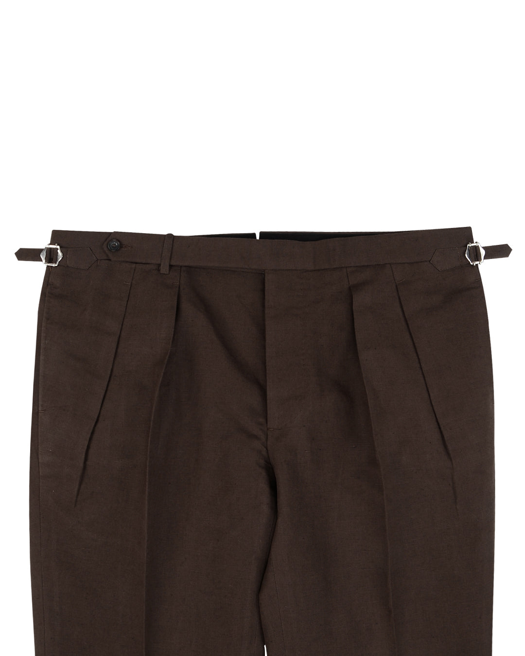 Front view of custom linen chino pants for men by Luxire in brown