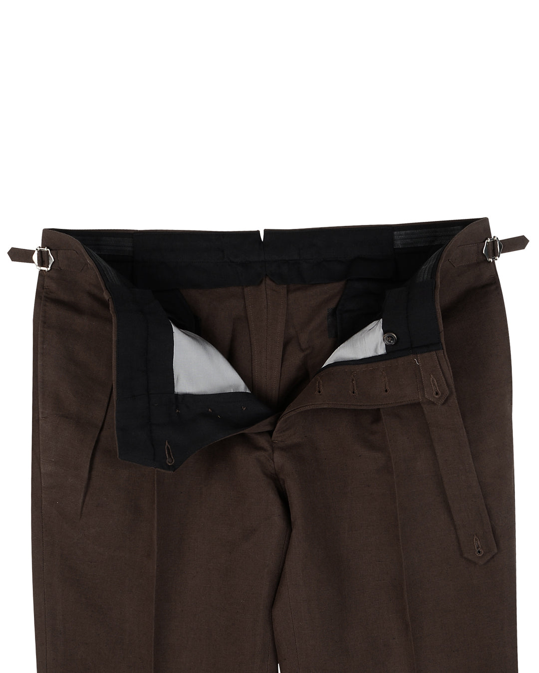 Open front view of custom linen chino pants for men by Luxire in brown