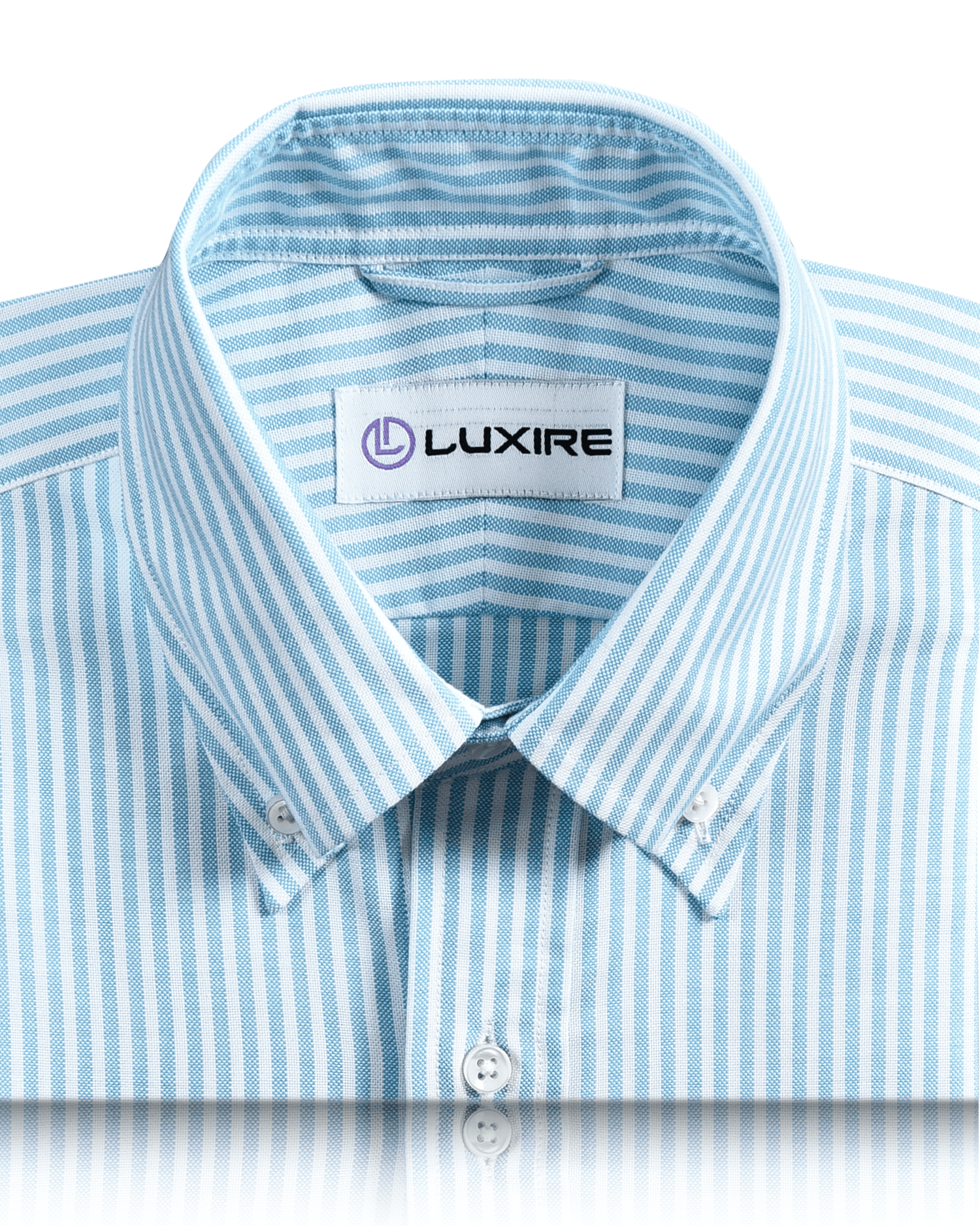 Collar of the custom oxford shirt for men by Luxire in ferozi blue on white university stripes