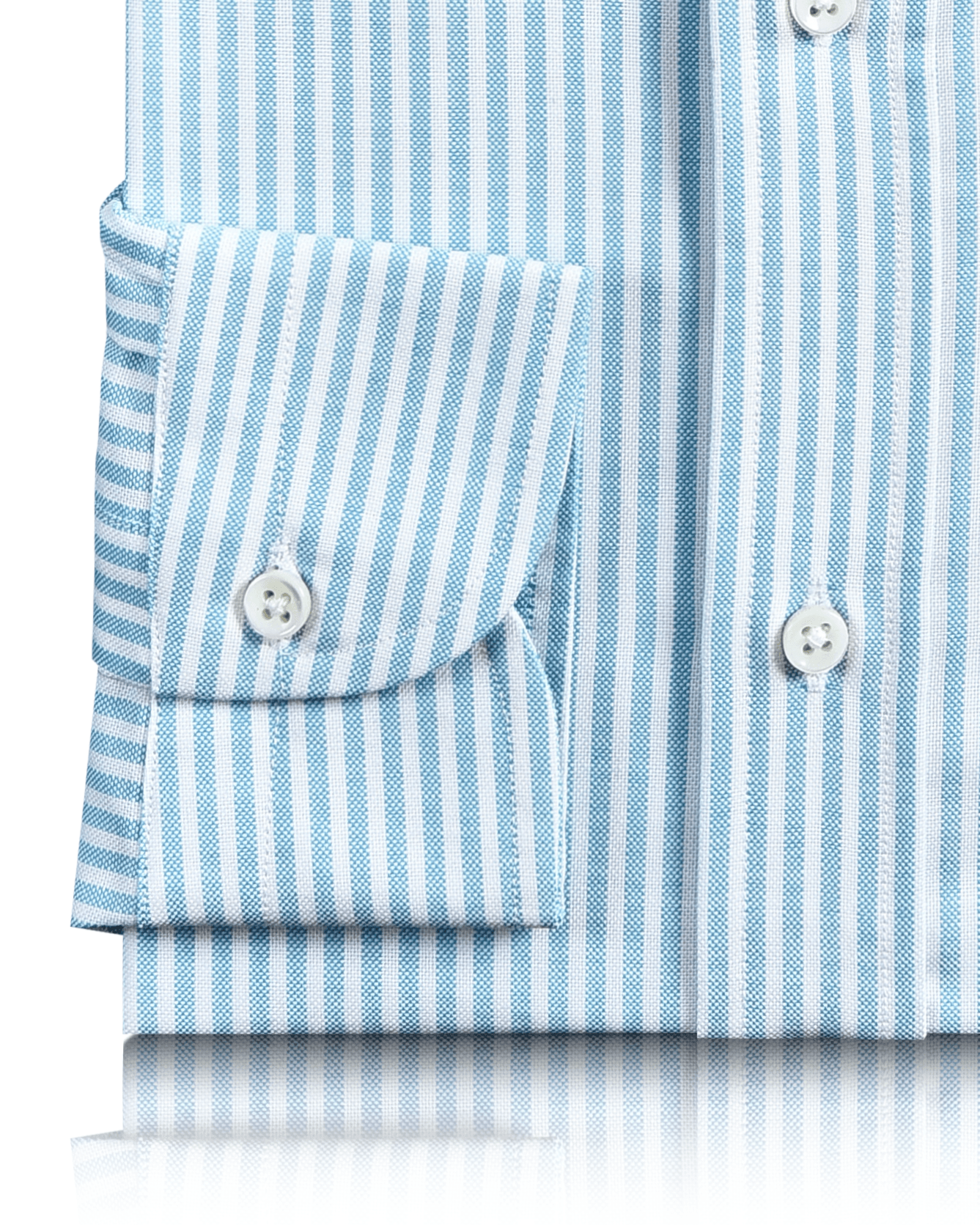 Cuff of the custom oxford shirt for men by Luxire in ferozi blue on white university stripes