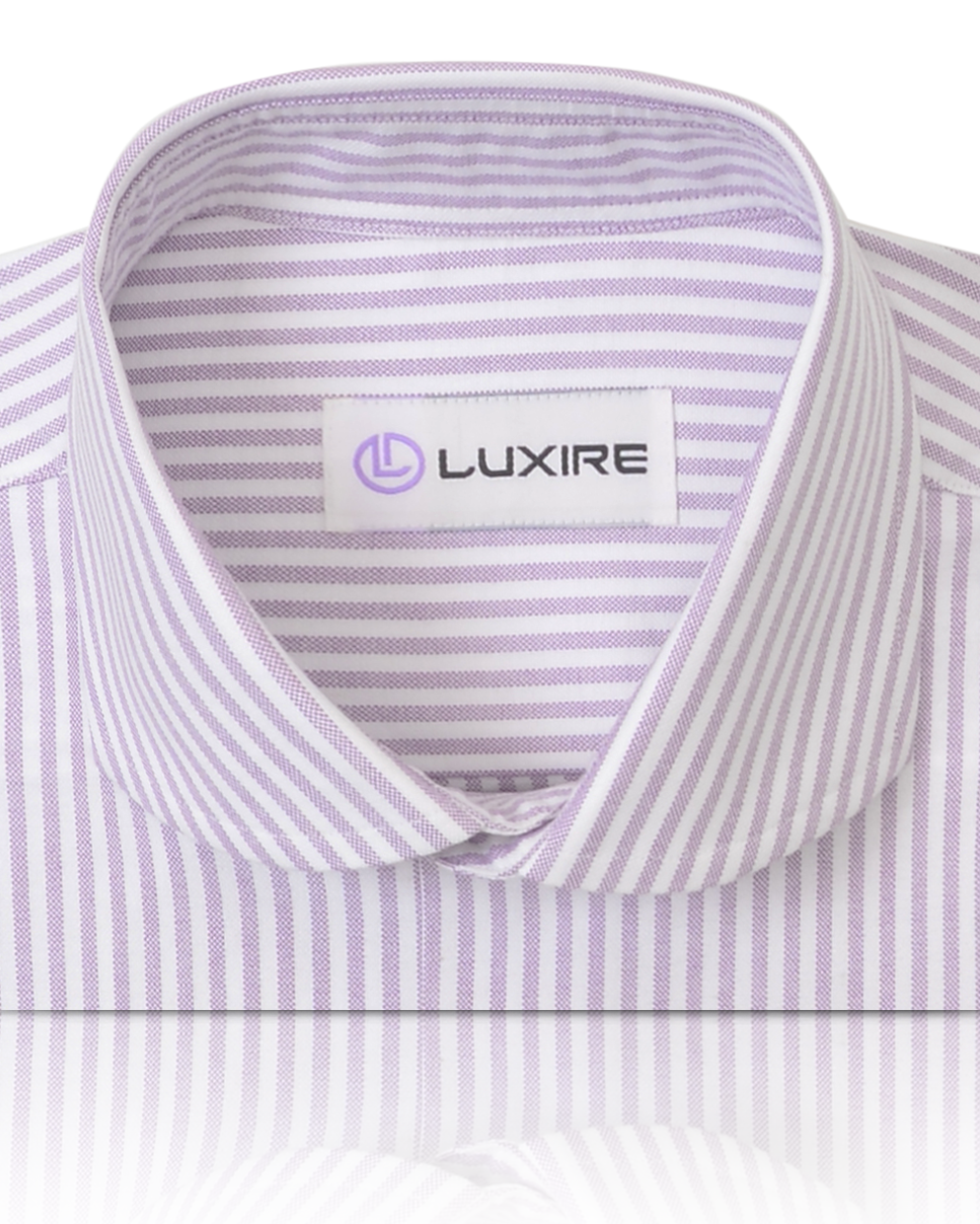 Collar of the custom oxford shirt for men by Luxire in white with pale mauve stripes