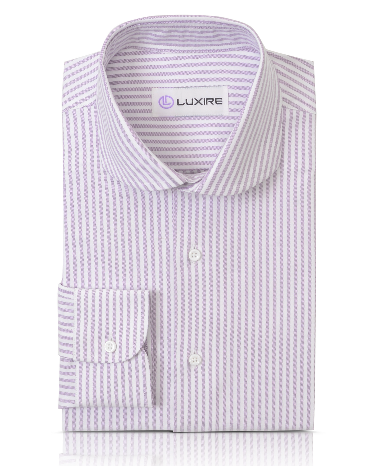 Front of the custom oxford shirt for men by Luxire in white with pale mauve stripes
