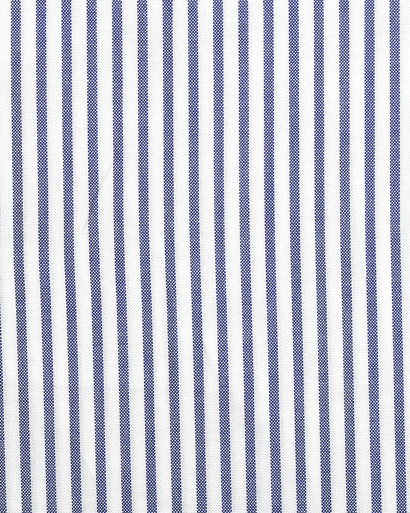 Close up of the custom oxford shirt for men by Luxire in white with navy candy stripes