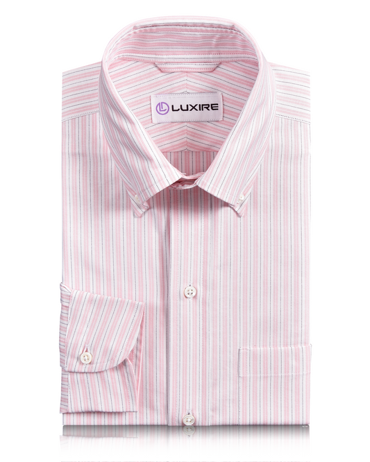 Front of the custom oxford shirt for men by Luxire in soft pink and navy stripes