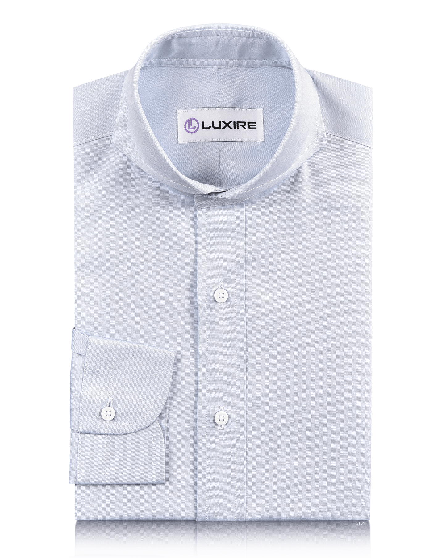Front of the custom oxford shirt for men by Luxire in sky blue brembana pinpoint