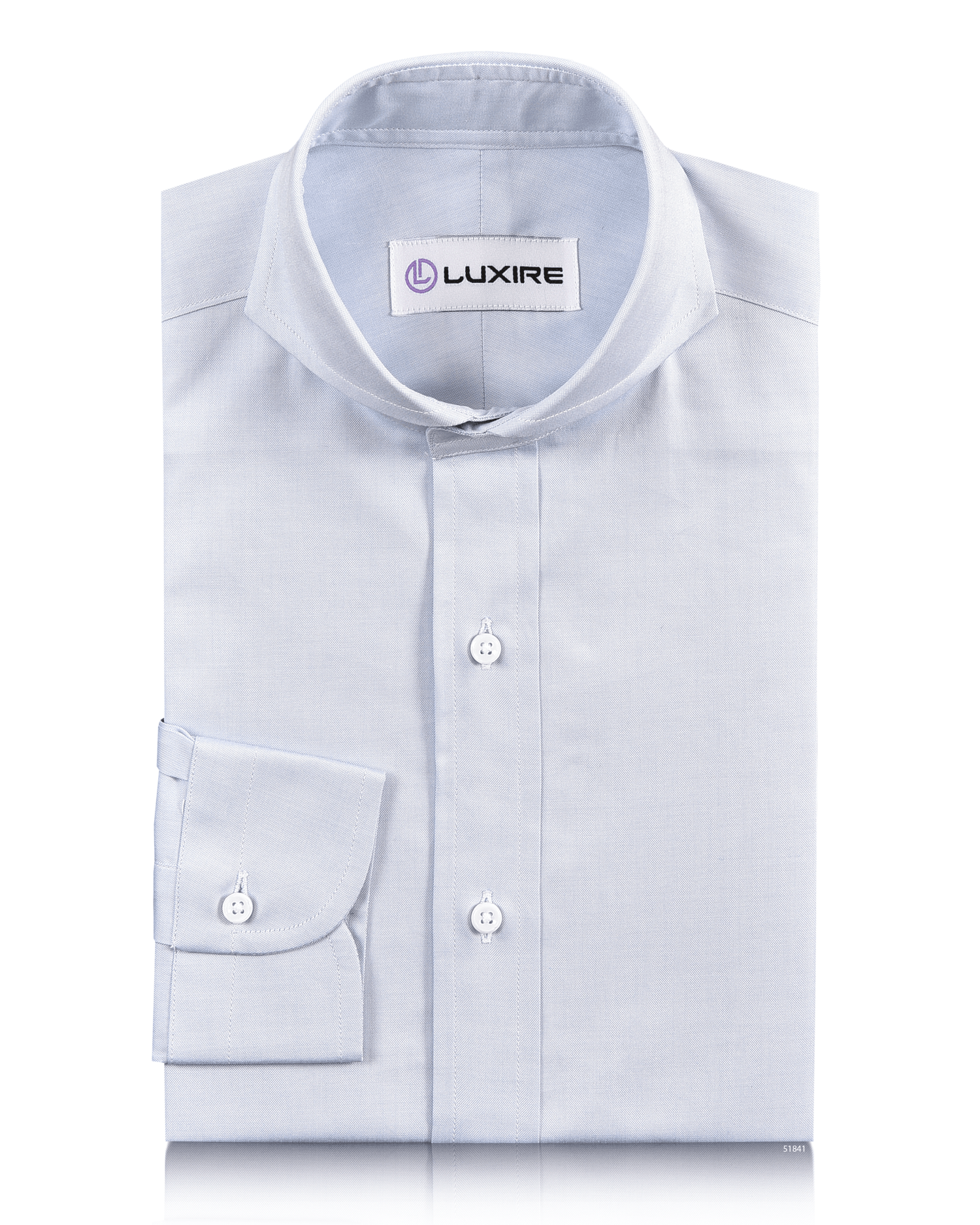 Front of the custom oxford shirt for men by Luxire in sky blue brembana pinpoint