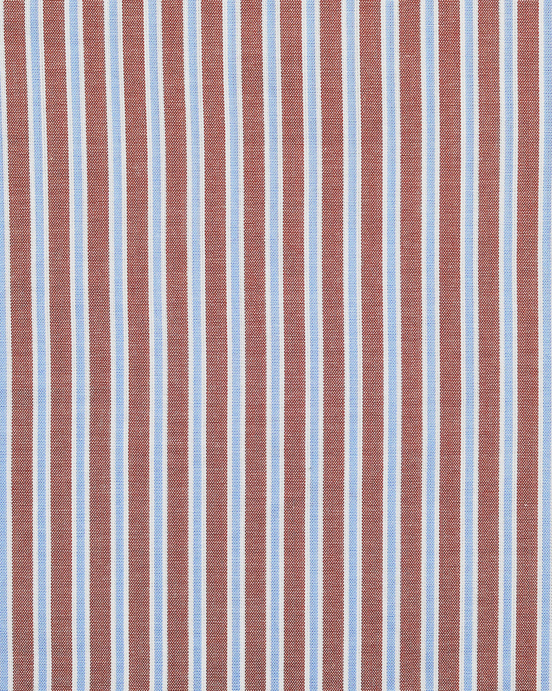 Close up of the custom oxford shirt for men by Luxire with blue white and rust stripes