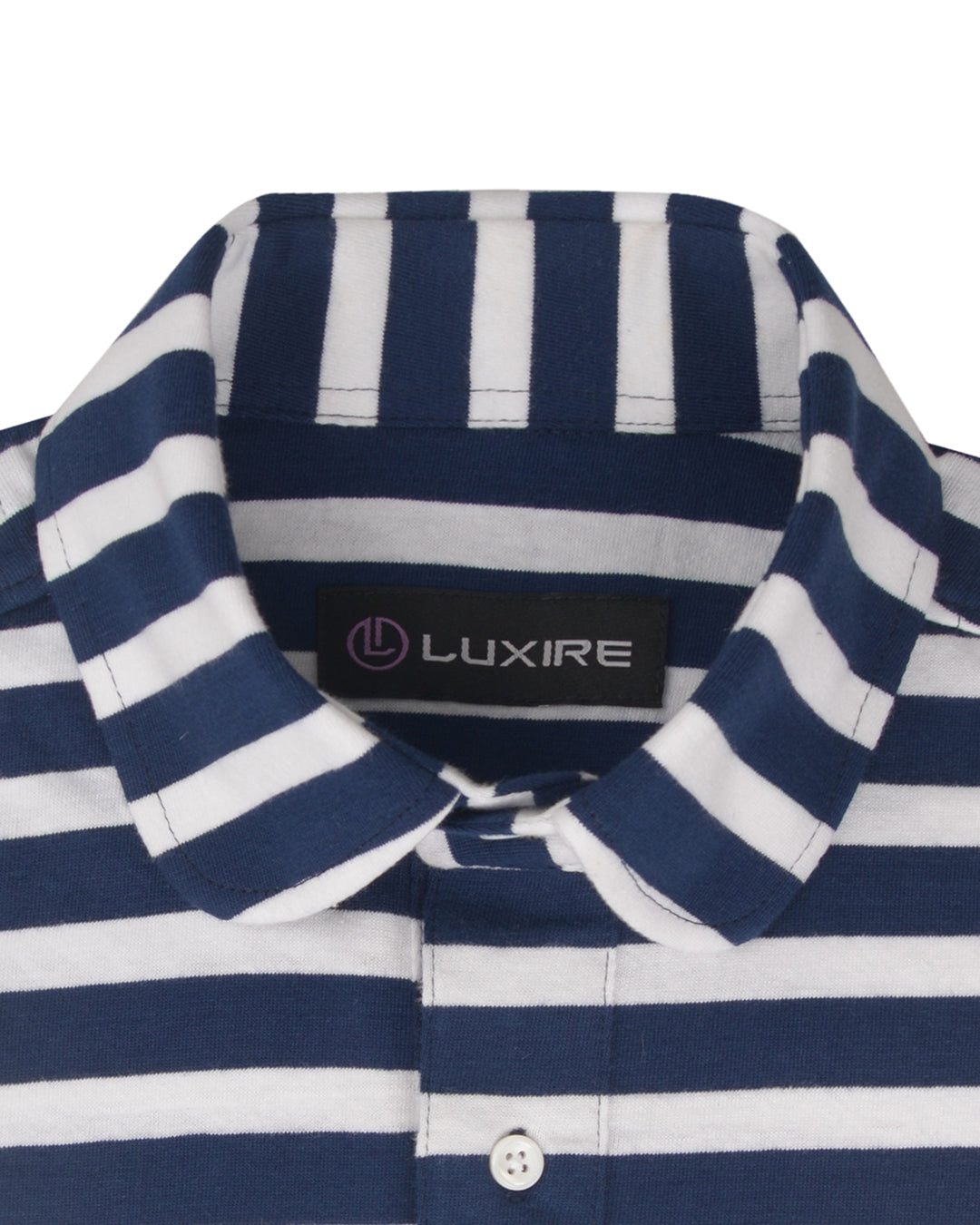 Collar of the custom oxford polo shirt for men by Luxire in colbalt blue and white stripes
