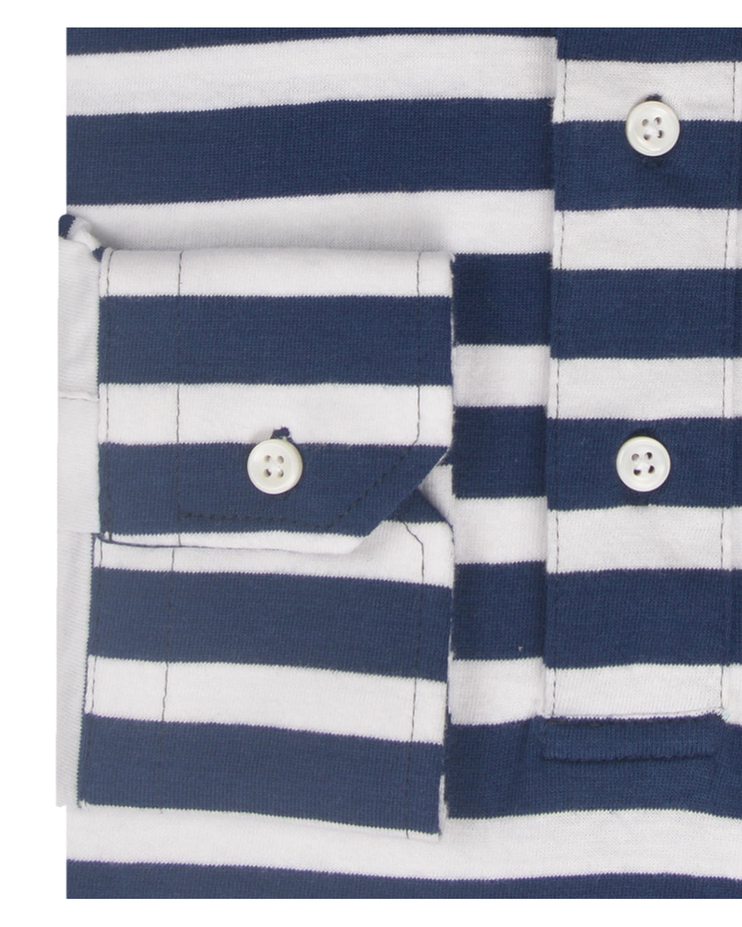 Cuff of the custom oxford polo shirt for men by Luxire in colbalt blue and white stripes