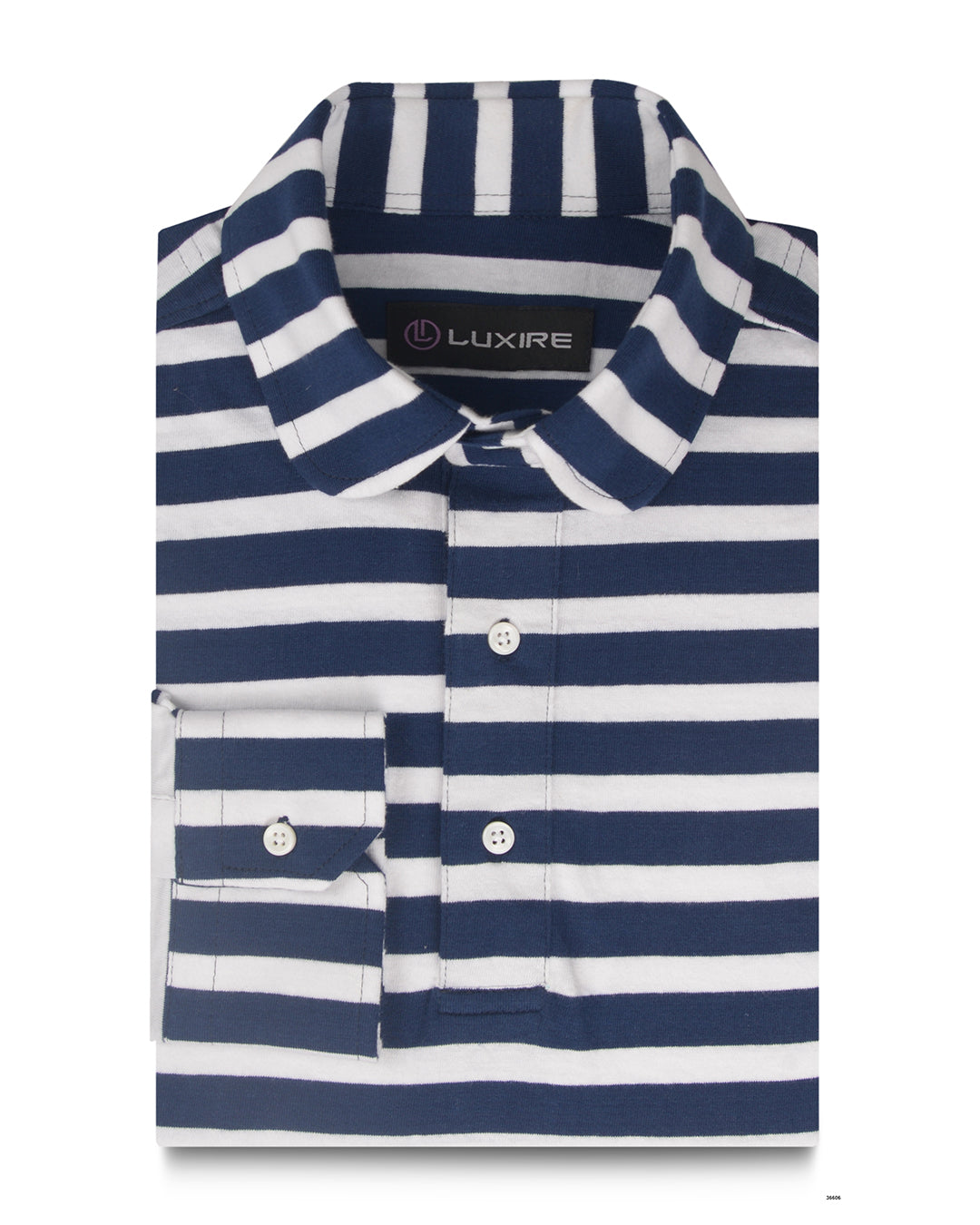 Front of the custom oxford polo shirt for men by Luxire in colbalt blue and white stripes