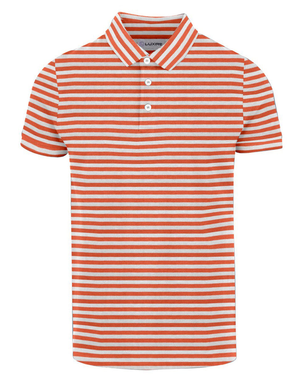 Front of the custom oxford polo shirt for men by Luxire in orange and white stripes