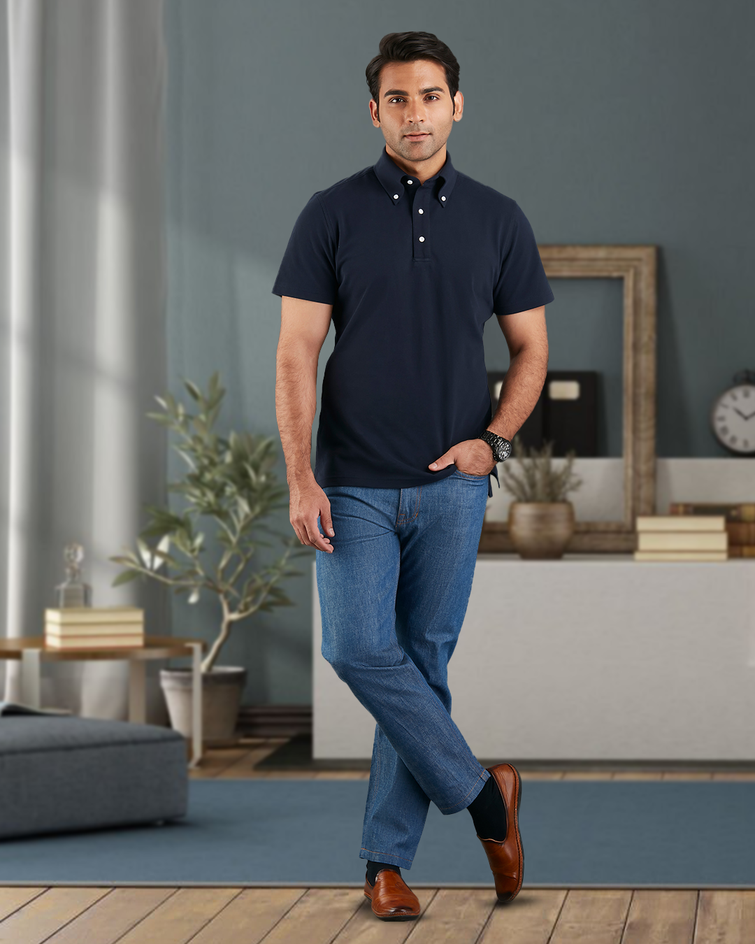 Model wearing the custom oxford polo shirt for men by Luxire in navy one hand in pocket