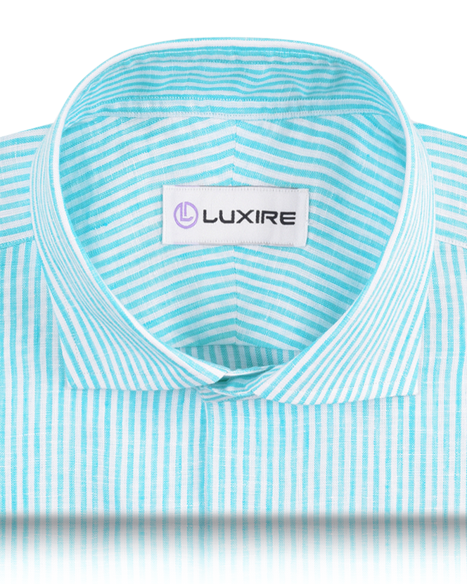 Front close up view of custom linen shirt for men by Luxire in blue with white stripes