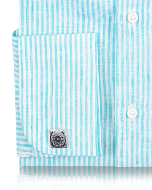 Close up view of custom linen shirt for men by Luxire in blue with white stripes
