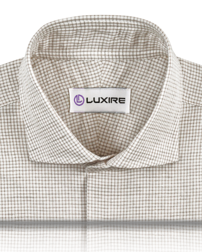 Collar of the custom linen shirt for men in white with brown checks by Luxire Clothing