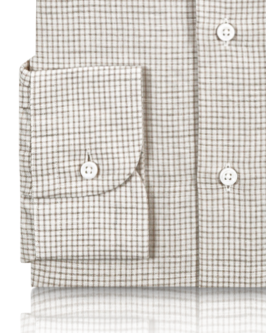 Cuff of the custom linen shirt for men in white with brown checks by Luxire Clothing