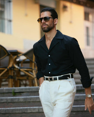 Model wearing the custom linen shirt for men in classic black by Luxire Clothing