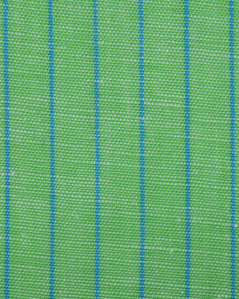 Close up of the custom linen shirt for men in green with blue pencil stripes by Luxire Clothing