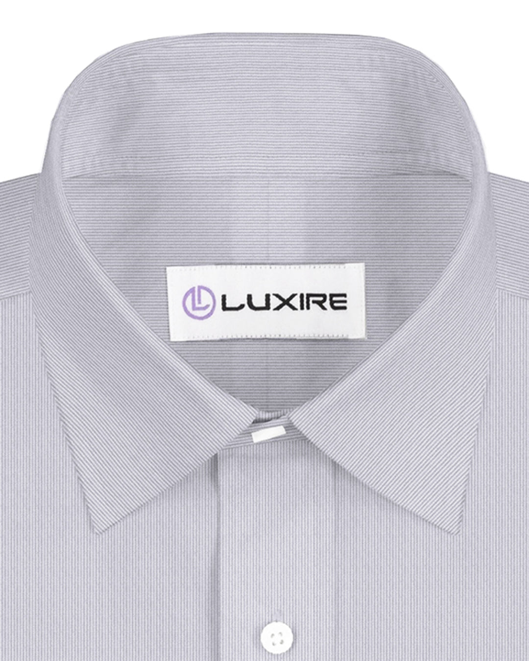 Collar of the custom linen shirt for men in white with grey stripes by Luxire Clothing
