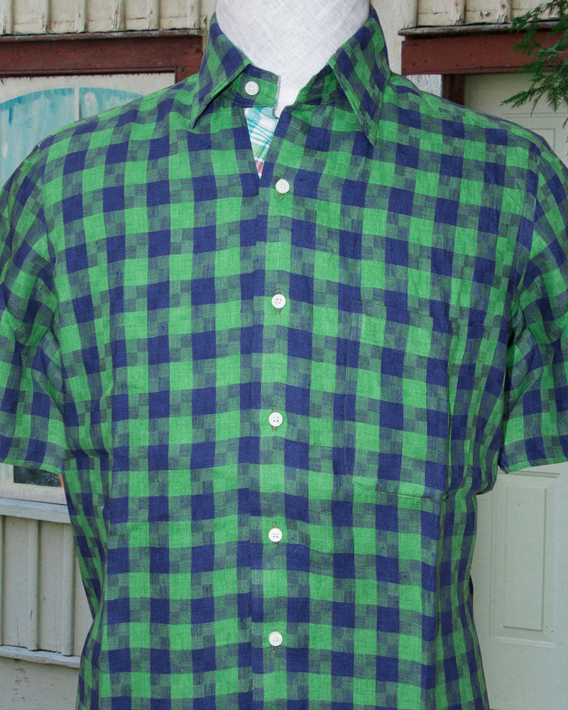 Front model view of custom linen shirt for men in indigo blue green madras gingham