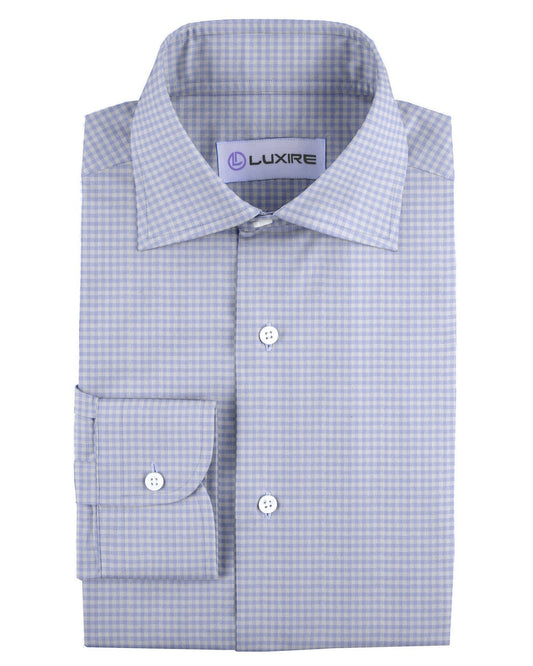 Front of the custom linen shirt for men in light blue with blue gingham checks by Luxire Clothing